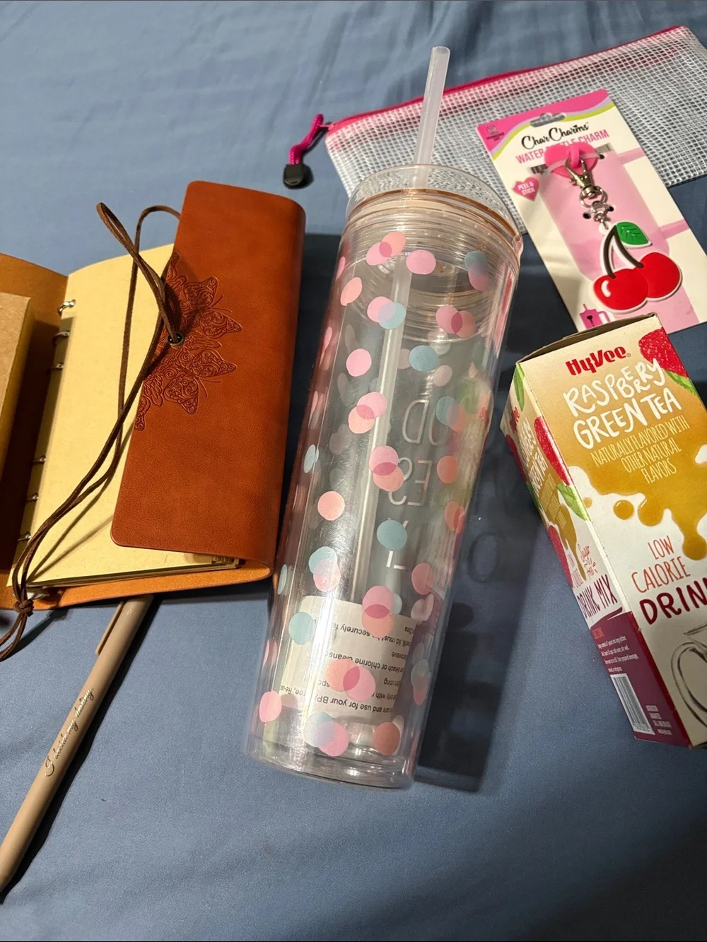 Reusable Pink Polka Dot Travel Tumbler with charms to decorate cup, journal